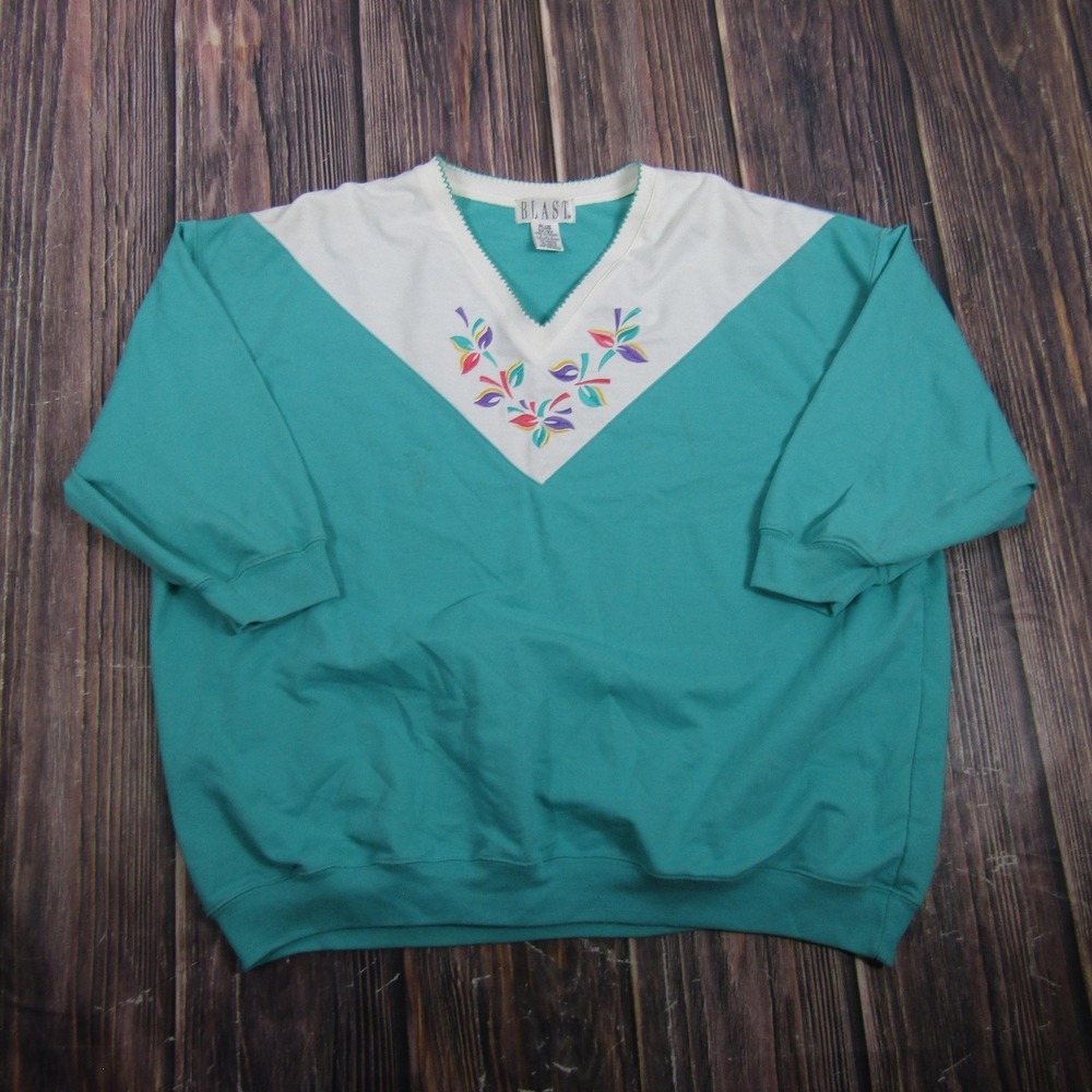 Blast Vintage Womens Plus 2X Green Floral Embroidered V Neck Sweater Pullover